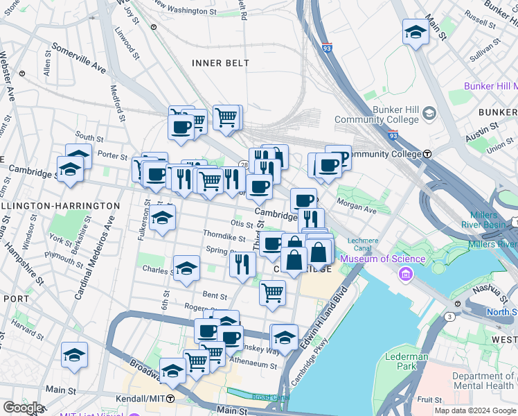 map of restaurants, bars, coffee shops, grocery stores, and more near 63 Otis Street in Cambridge