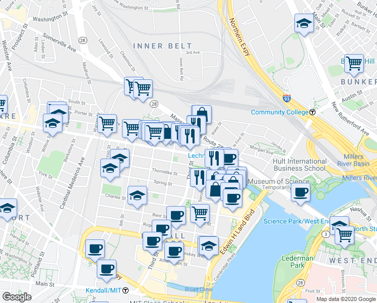 map of restaurants, bars, coffee shops, grocery stores, and more near 63 Otis Street in Cambridge