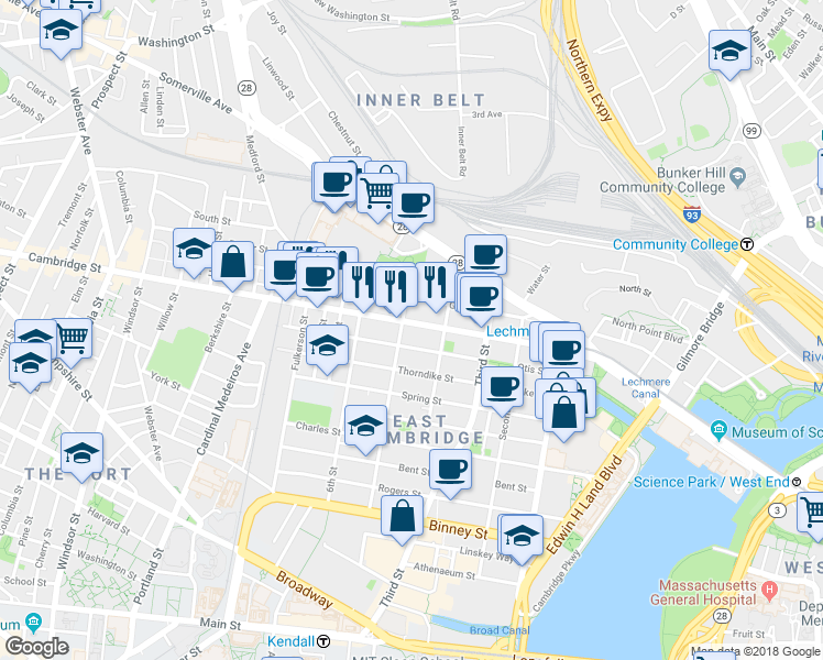 map of restaurants, bars, coffee shops, grocery stores, and more near 79 5th Street in Cambridge