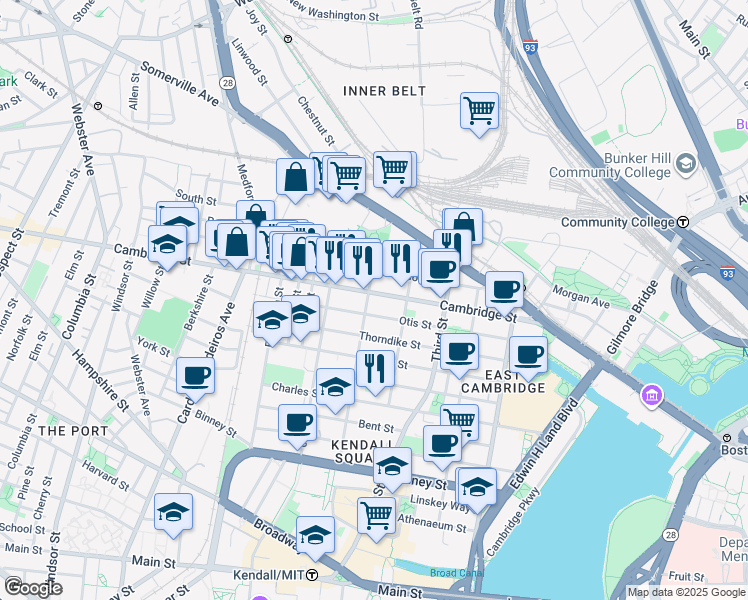 map of restaurants, bars, coffee shops, grocery stores, and more near 79 5th Street in Cambridge