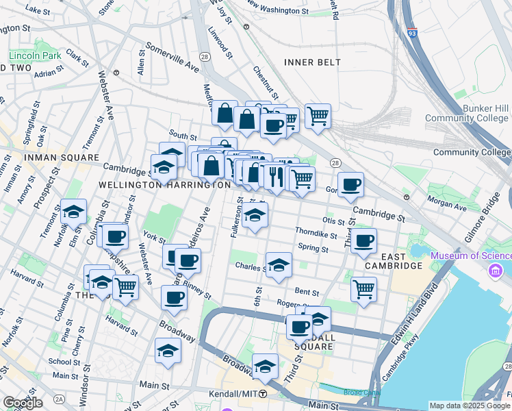 map of restaurants, bars, coffee shops, grocery stores, and more near 180 Thorndike Street in Cambridge