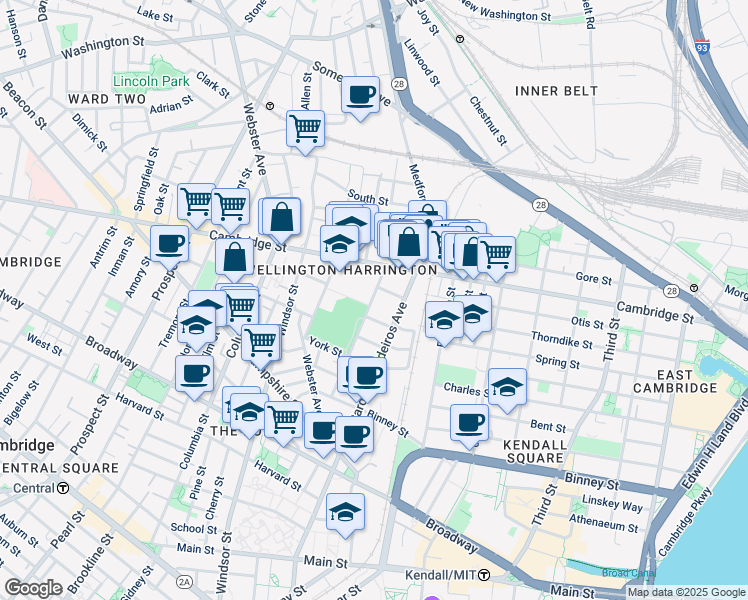 map of restaurants, bars, coffee shops, grocery stores, and more near 88 Berkshire Street in Cambridge
