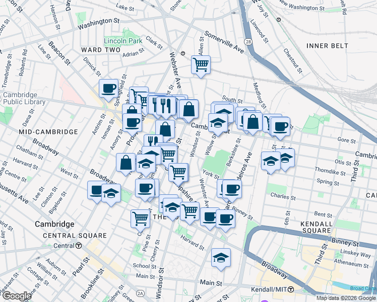 map of restaurants, bars, coffee shops, grocery stores, and more near 386 Windsor Street in Cambridge