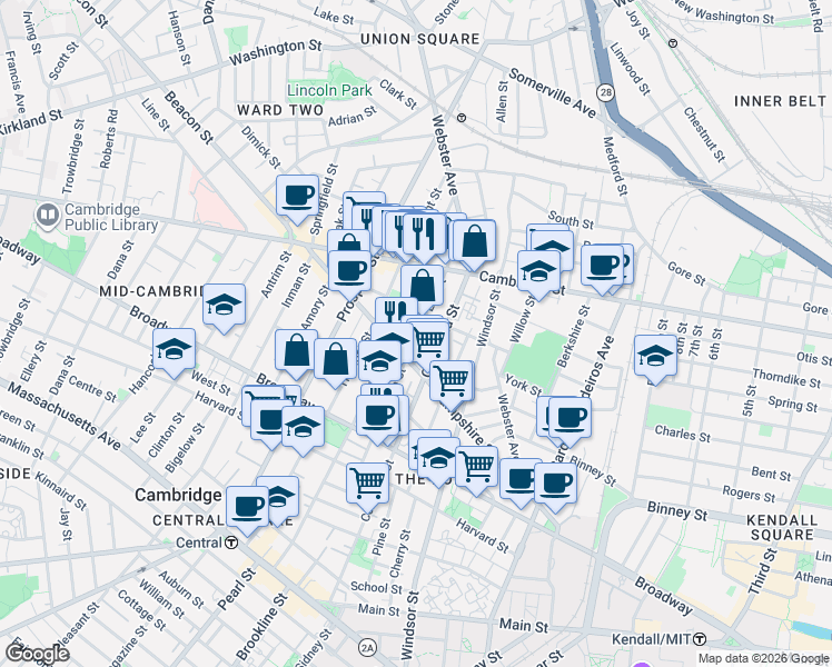 map of restaurants, bars, coffee shops, grocery stores, and more near 132 Hampshire Street in Cambridge