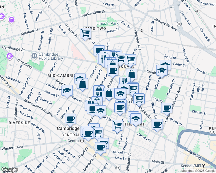map of restaurants, bars, coffee shops, grocery stores, and more near 210 Prospect Street in Cambridge