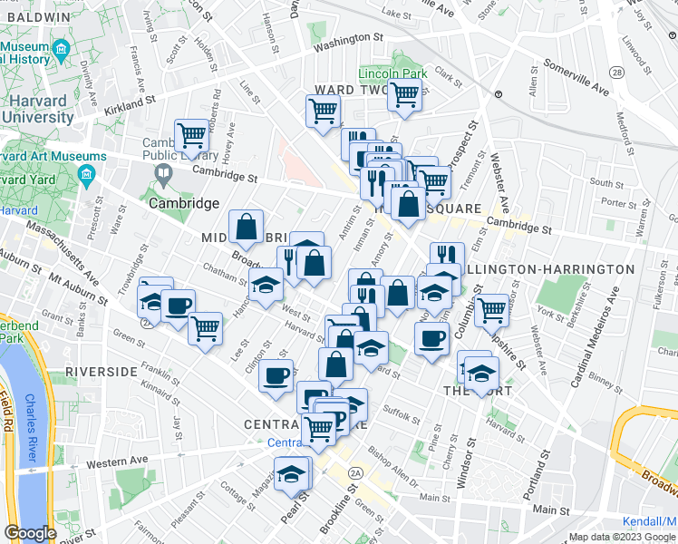 map of restaurants, bars, coffee shops, grocery stores, and more near 345 Broadway in Cambridge