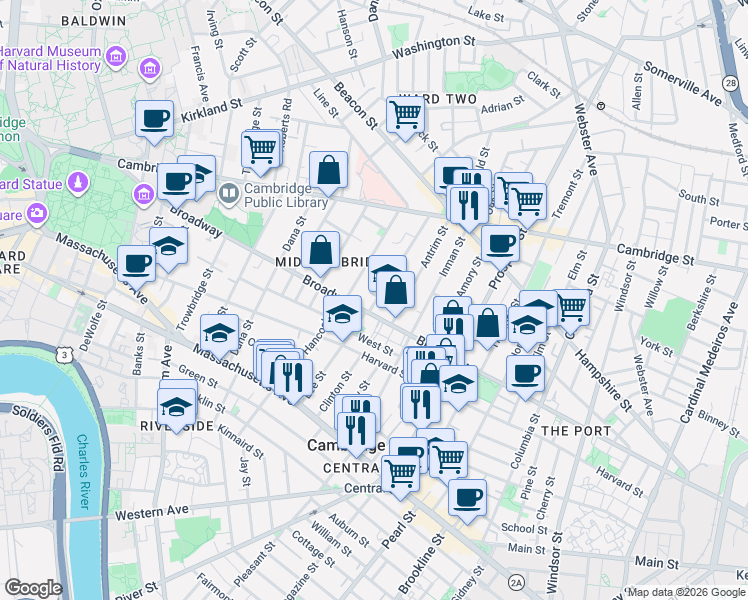map of restaurants, bars, coffee shops, grocery stores, and more near 364 Broadway in Cambridge