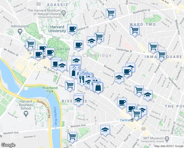map of restaurants, bars, coffee shops, grocery stores, and more near 11H Dana Place in Cambridge