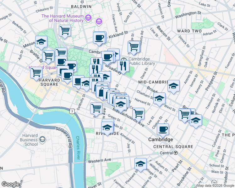 map of restaurants, bars, coffee shops, grocery stores, and more near 12 Trowbridge Street in Cambridge