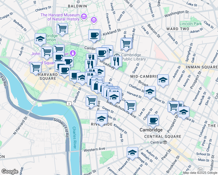 map of restaurants, bars, coffee shops, grocery stores, and more near 12 Trowbridge Street in Cambridge