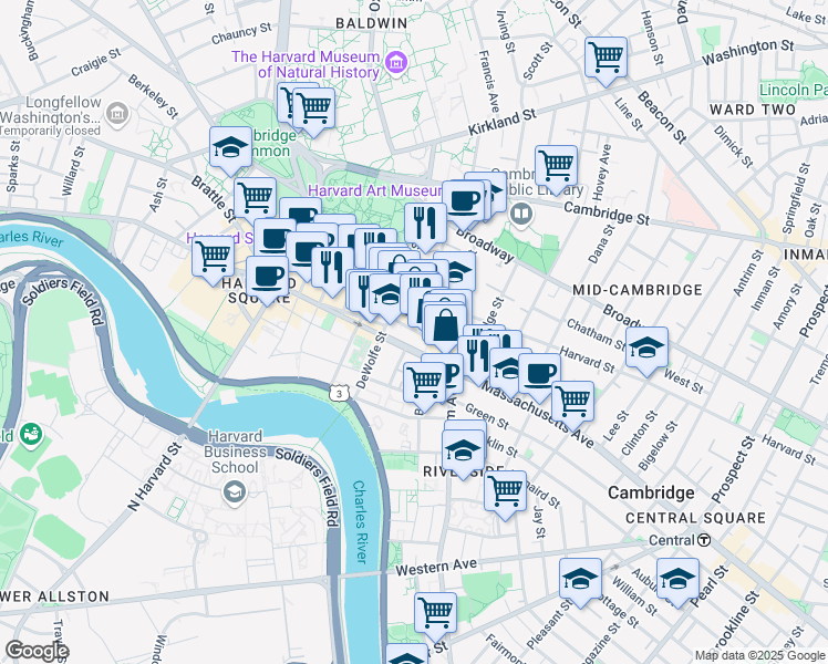 map of restaurants, bars, coffee shops, grocery stores, and more near 18 Mount Auburn Street in Cambridge