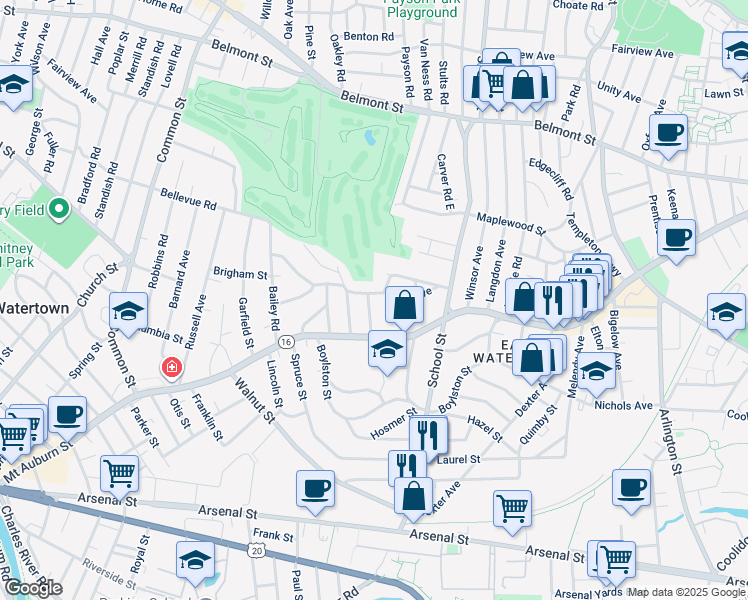map of restaurants, bars, coffee shops, grocery stores, and more near 18 Adams Avenue in Watertown