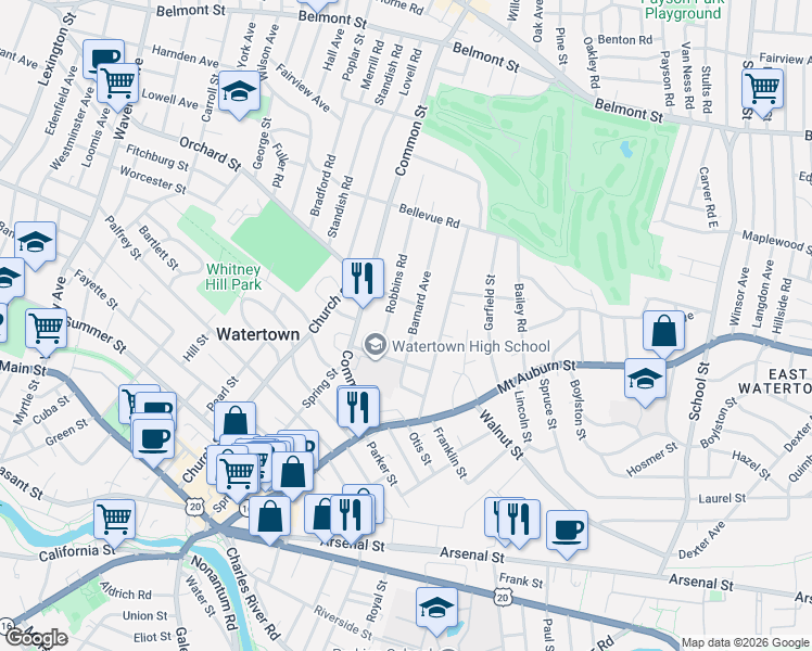 map of restaurants, bars, coffee shops, grocery stores, and more near 31 Barnard Avenue in Watertown