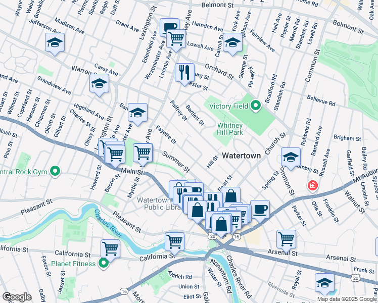 map of restaurants, bars, coffee shops, grocery stores, and more near 114 Fayette Street in Watertown