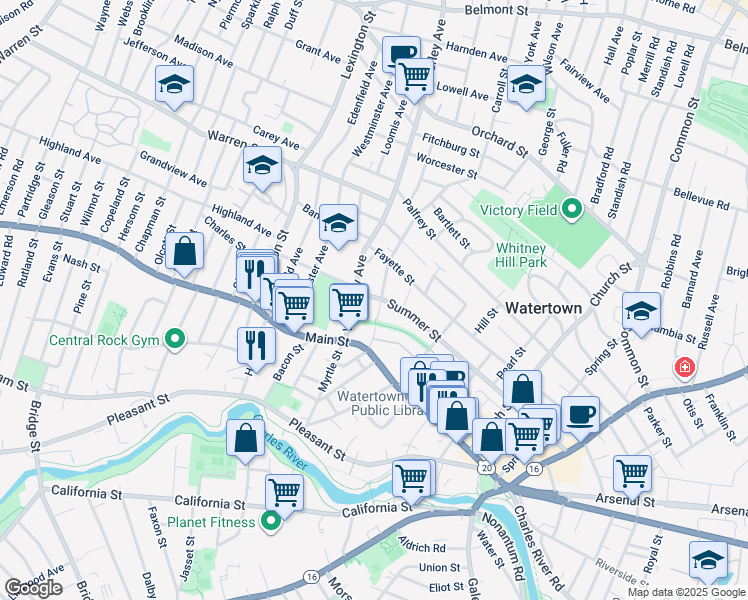 map of restaurants, bars, coffee shops, grocery stores, and more near 25 Forest Street in Watertown