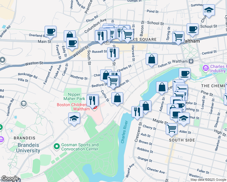 map of restaurants, bars, coffee shops, grocery stores, and more near 137 Prospect Street in Waltham