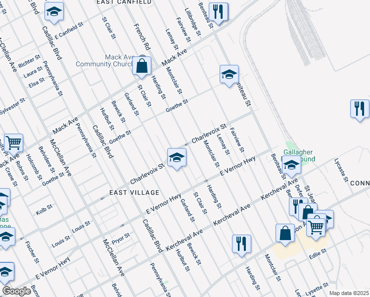 map of restaurants, bars, coffee shops, grocery stores, and more near 2644 Saint Clair Street in Detroit