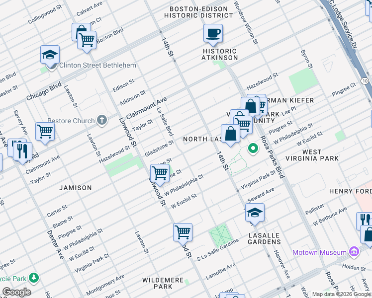 map of restaurants, bars, coffee shops, grocery stores, and more near 8634 La Salle Boulevard in Detroit