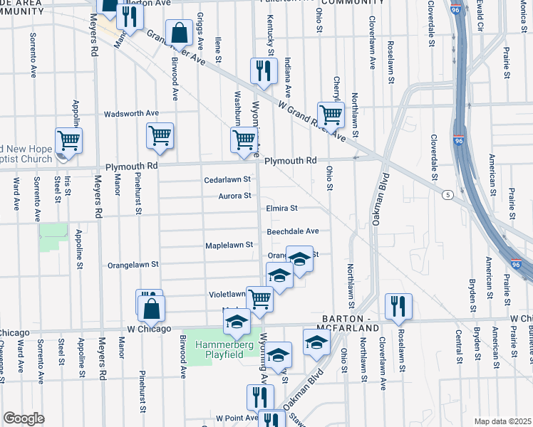 map of restaurants, bars, coffee shops, grocery stores, and more near 10304 Wyoming Avenue in Detroit