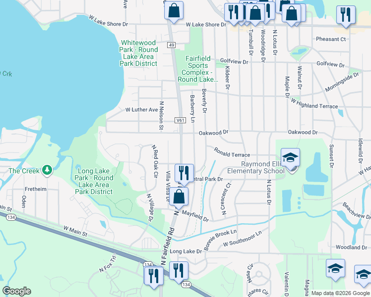 map of restaurants, bars, coffee shops, grocery stores, and more near 1207 County Highway 49 in Round Lake Beach