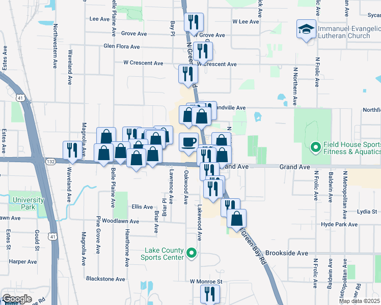 map of restaurants, bars, coffee shops, grocery stores, and more near 3300 Grand Avenue in Waukegan
