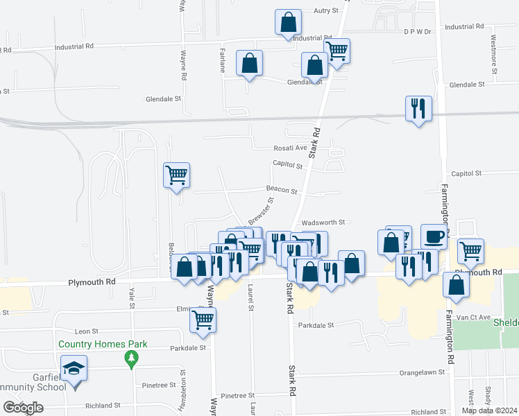 map of restaurants, bars, coffee shops, grocery stores, and more near 11825 Brewster Street in Livonia