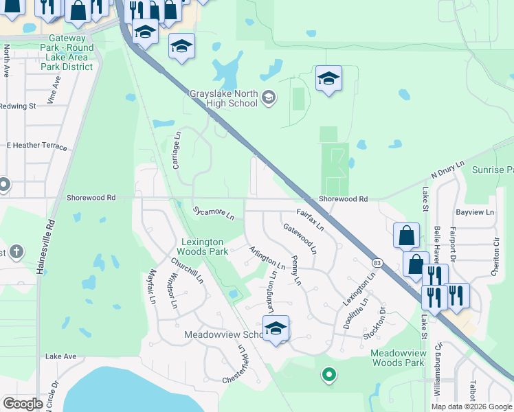 map of restaurants, bars, coffee shops, grocery stores, and more near 562 Fairfax Lane in Grayslake