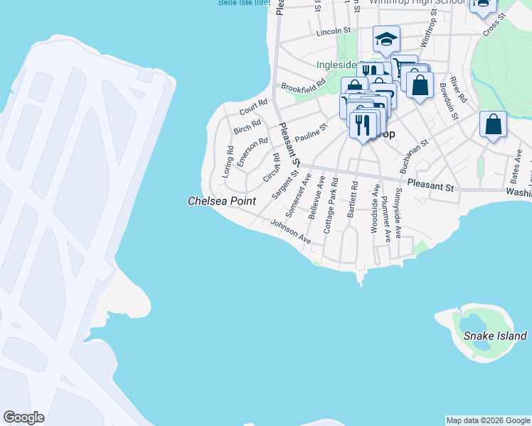 map of restaurants, bars, coffee shops, grocery stores, and more near 80 Johnson Avenue in Winthrop