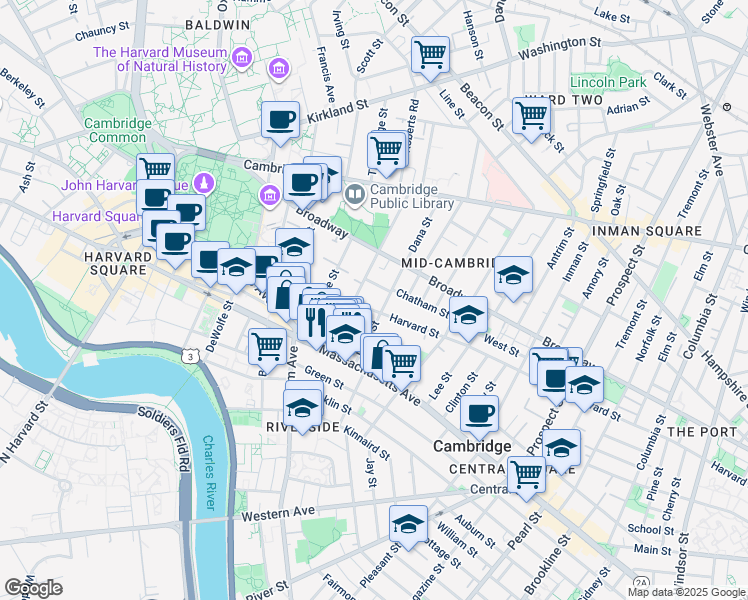 map of restaurants, bars, coffee shops, grocery stores, and more near 345 Harvard Street in Cambridge