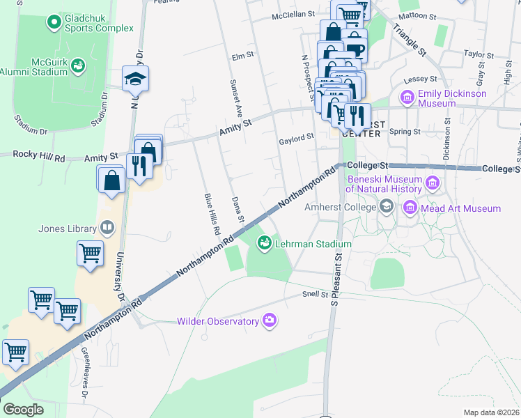 map of restaurants, bars, coffee shops, grocery stores, and more near 126 Northampton Road in Amherst