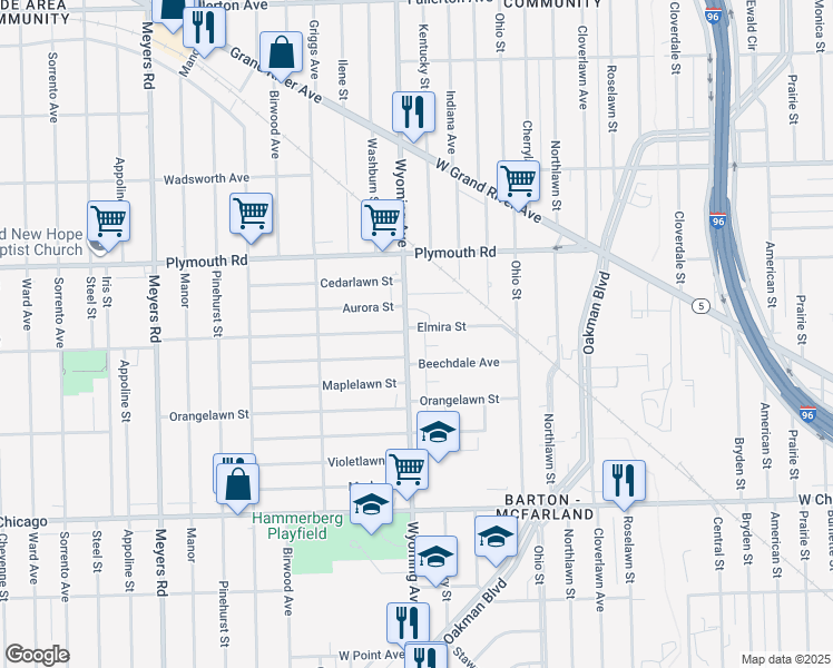 map of restaurants, bars, coffee shops, grocery stores, and more near 10304 Wyoming Avenue in Detroit