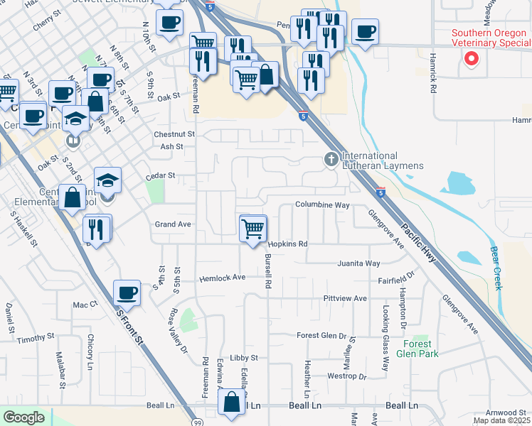 map of restaurants, bars, coffee shops, grocery stores, and more near 508 Gray Court in Central Point