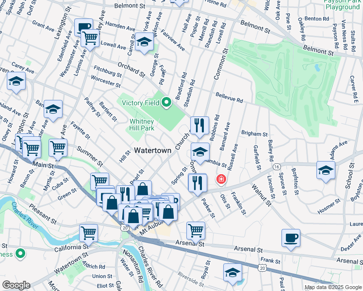 map of restaurants, bars, coffee shops, grocery stores, and more near 145 Church Street in Watertown