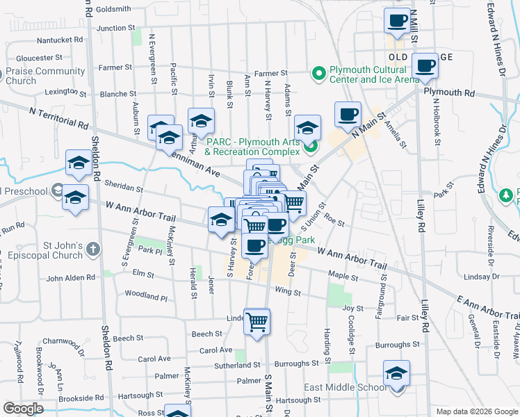 map of restaurants, bars, coffee shops, grocery stores, and more near 333 South Harvey Street in Plymouth