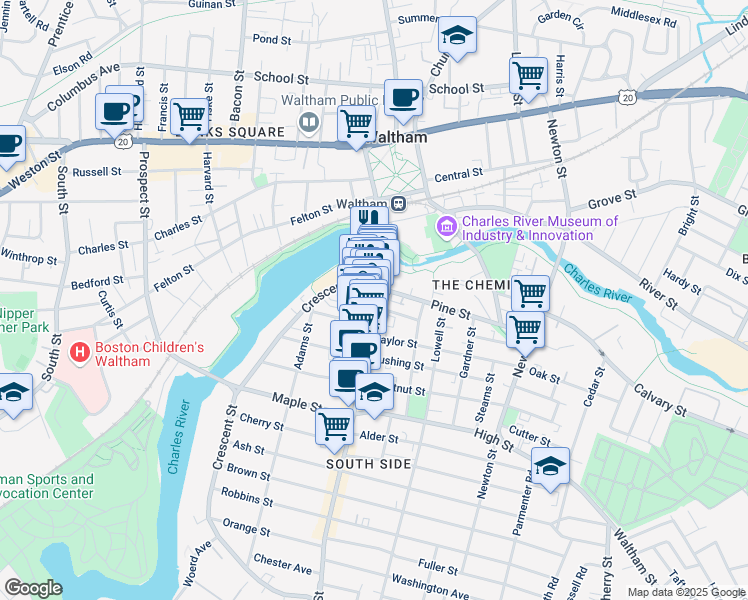 map of restaurants, bars, coffee shops, grocery stores, and more near 246 Moody Street in Waltham
