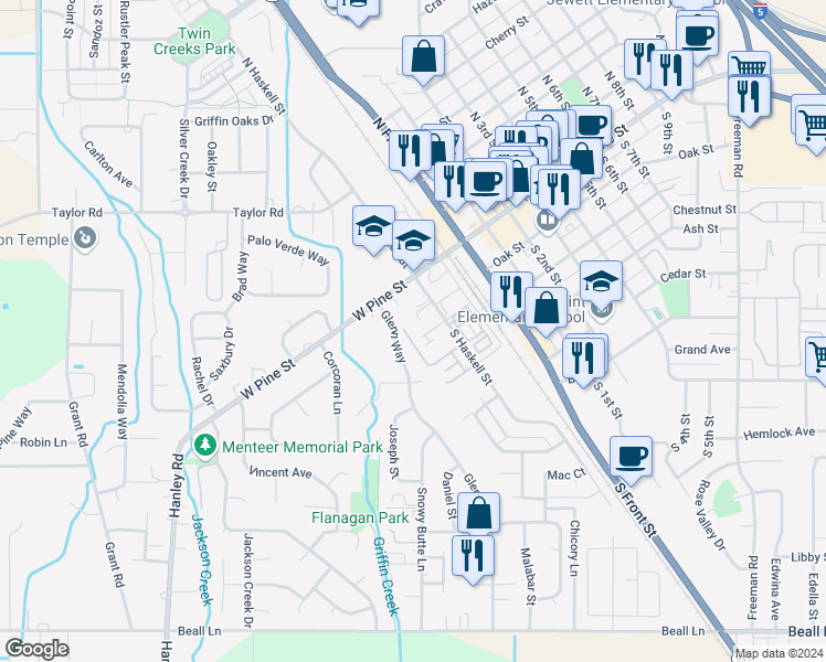 map of restaurants, bars, coffee shops, grocery stores, and more near 135 Casey Way in Central Point