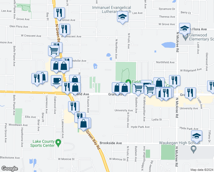 map of restaurants, bars, coffee shops, grocery stores, and more near 3010 Grand Avenue in Waukegan