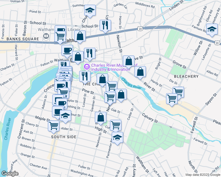map of restaurants, bars, coffee shops, grocery stores, and more near 13 Benefit Street in Waltham