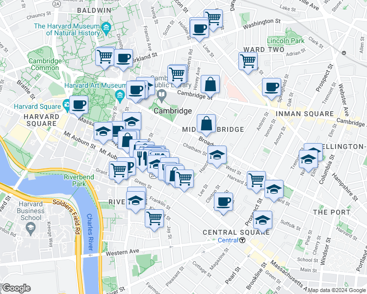 map of restaurants, bars, coffee shops, grocery stores, and more near 32 Chatham St in Mid-Cambridge
