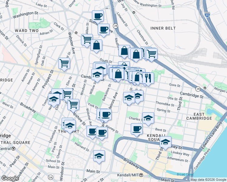 map of restaurants, bars, coffee shops, grocery stores, and more near 746 Cambridge Street in Cambridge
