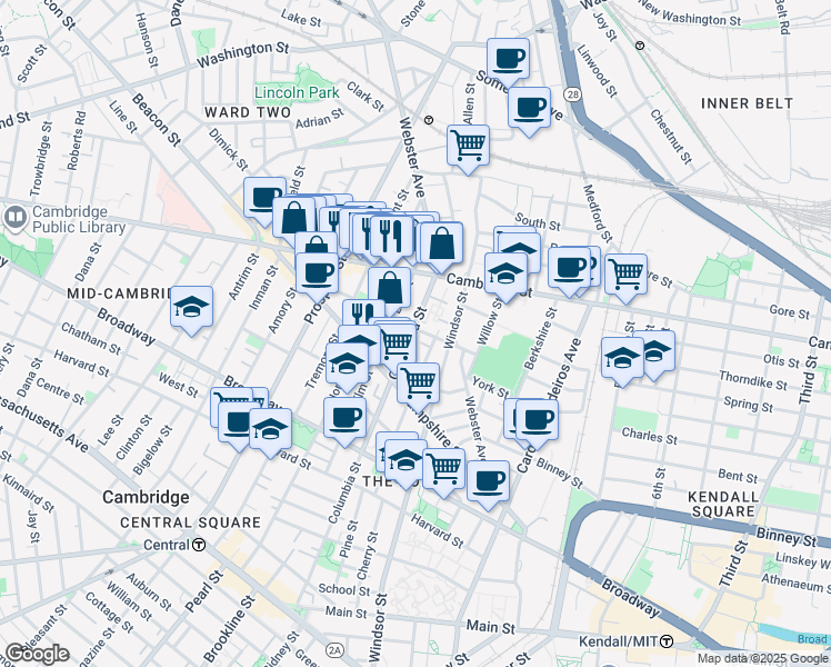 map of restaurants, bars, coffee shops, grocery stores, and more near 361 Columbia Street in Cambridge