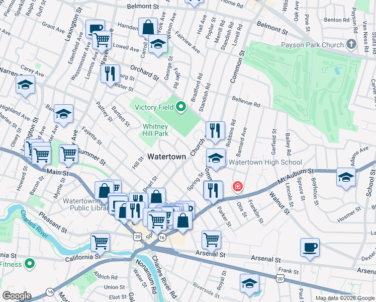 map of restaurants, bars, coffee shops, grocery stores, and more near 145 Church Street in Watertown