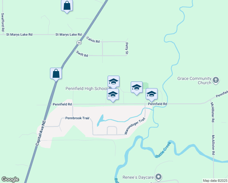 map of restaurants, bars, coffee shops, grocery stores, and more near 8299 Pennfield Road in Battle Creek