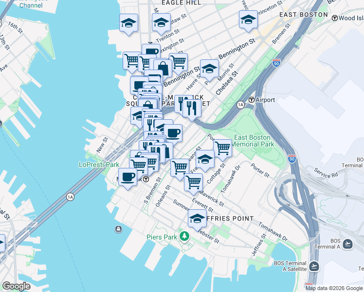 map of restaurants, bars, coffee shops, grocery stores, and more near 76 Chelsea Street in Boston