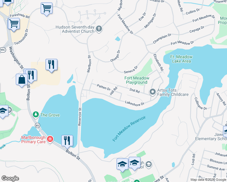 map of restaurants, bars, coffee shops, grocery stores, and more near 36 Hill Road in Marlborough