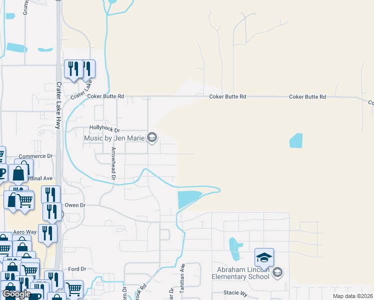 map of restaurants, bars, coffee shops, grocery stores, and more near 2005 Hondeleau Lane in Medford