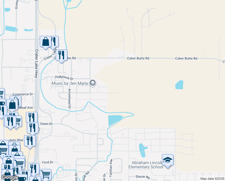map of restaurants, bars, coffee shops, grocery stores, and more near 2005 Hondeleau Lane in Medford