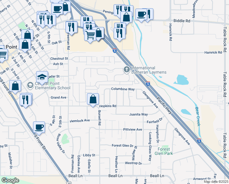 map of restaurants, bars, coffee shops, grocery stores, and more near 783 Columbine Way in Central Point