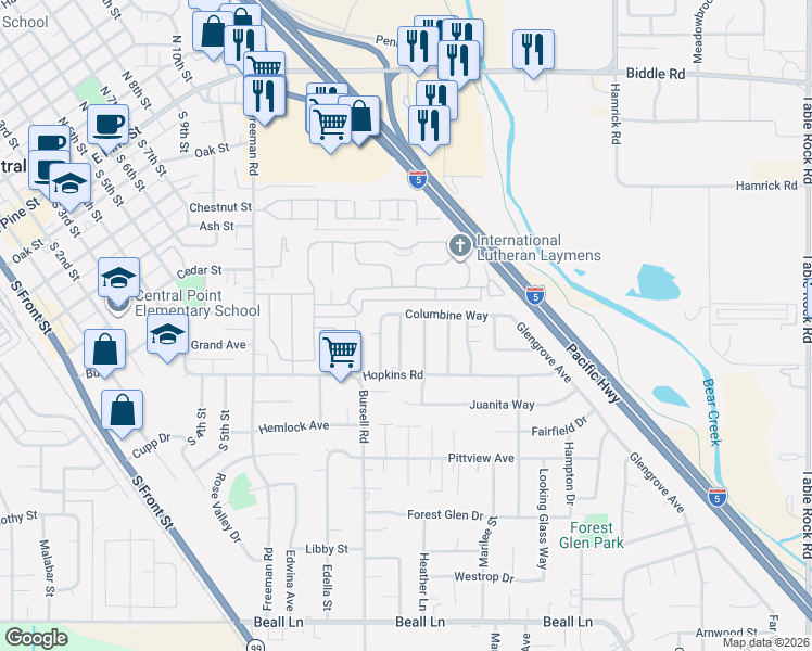 map of restaurants, bars, coffee shops, grocery stores, and more near 783 Columbine Way in Central Point