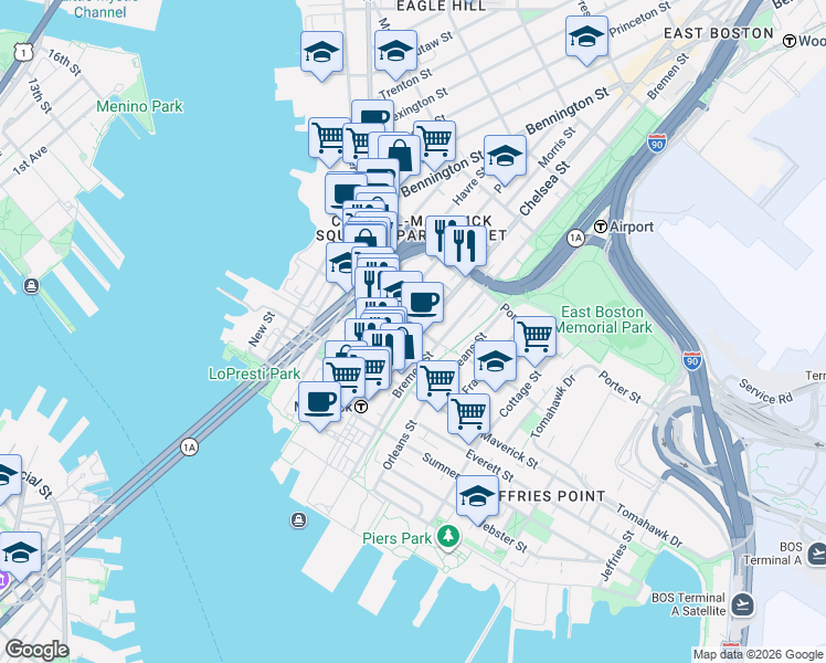 map of restaurants, bars, coffee shops, grocery stores, and more near 76 Chelsea Street in Boston